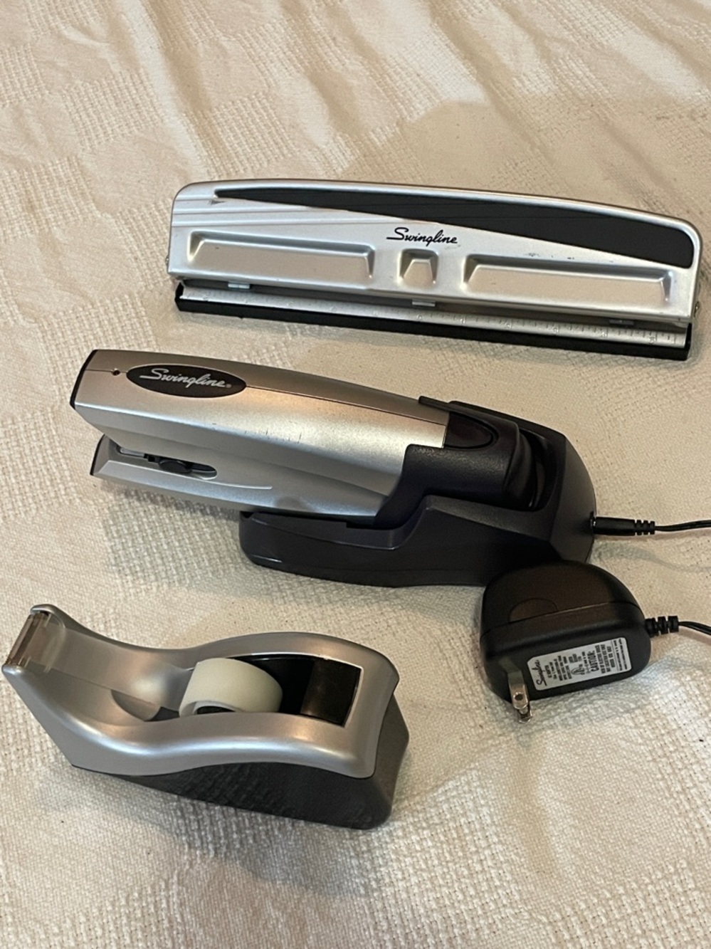 Silver & Black Desktop Trio Swingline Stapler, Hole Punch, Tape Dispenser